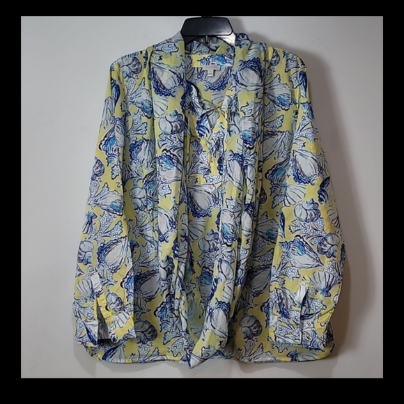 Talbots Yellow w/Blue Sea Shells Tunic Style Blouse. Size Lp 100% Cotton V-neck - Picture 15 of 17